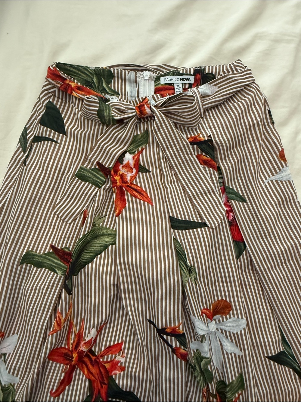 Fashion Nova Brown Striped Floral Tie-Front Skirt